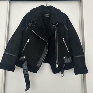Zara Double Faced Faux Shearling Black Moto Jacket Size Large